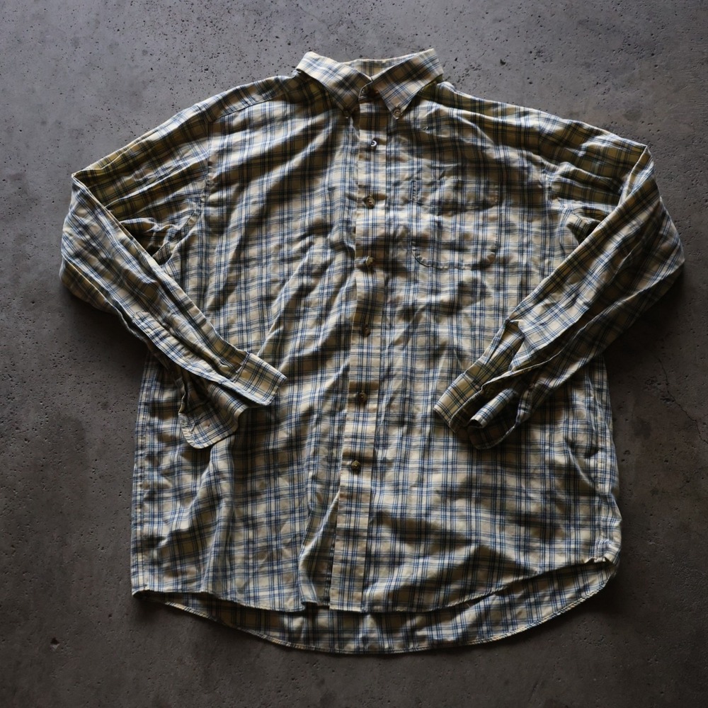 L.L.Bean Traditional Fit Plaid Button Down Shirt Mens Size Large Yellow Blue